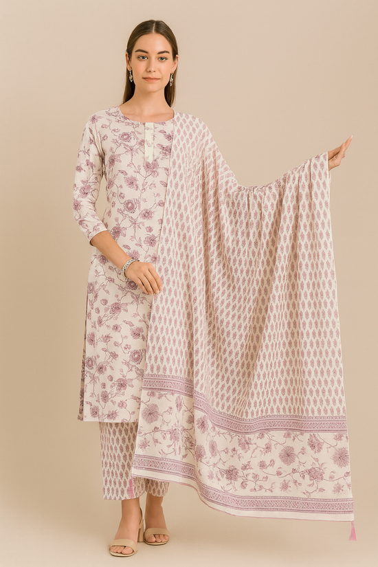 Woman holding a floral dupatta with a matching kurta and pants on a beige background
